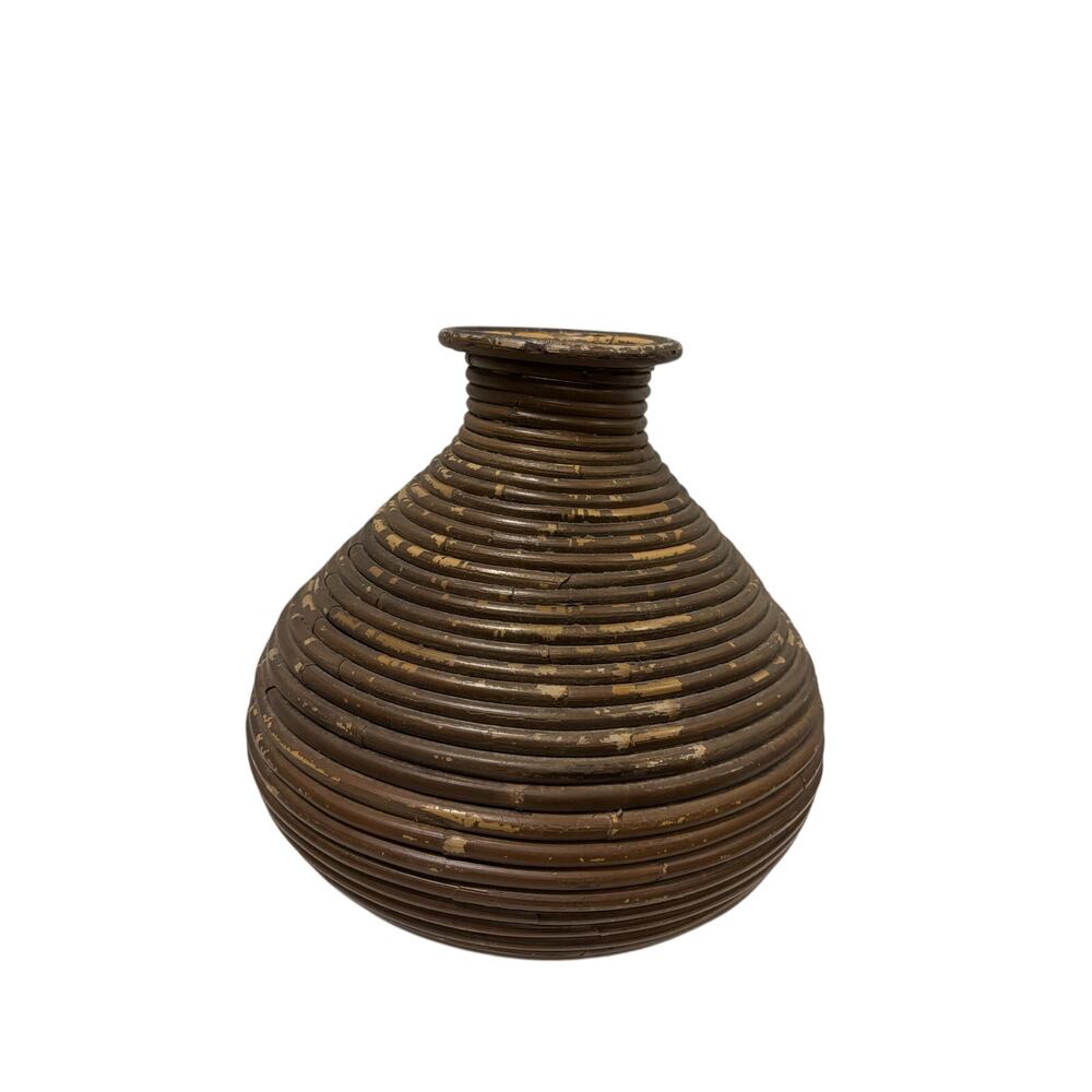 Vintage Rattan Coil Vase 10" Tall Boho Wicker Floor Vase Handwoven Basket Vase